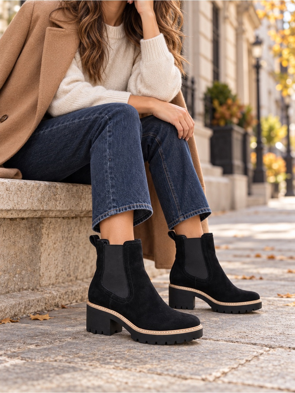 Dolce Vita Black Suede Chelsea Lug Sole Block Heel Boots Size 6.5